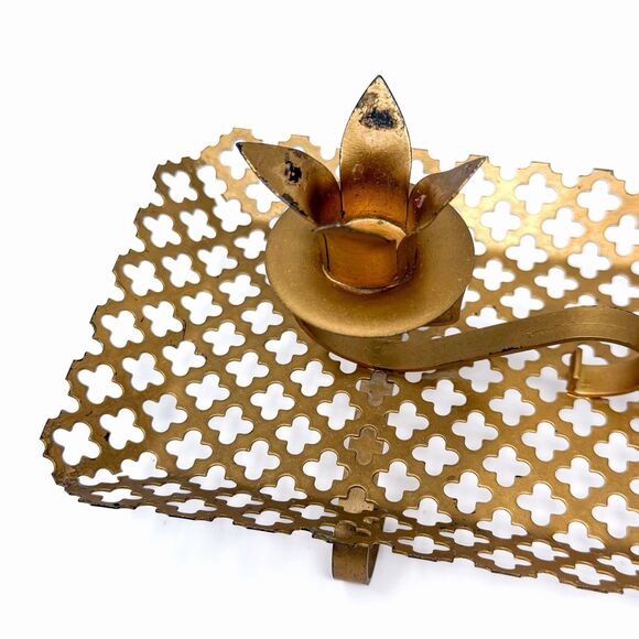 Vintage Brass Tone Quatrefoil Candle Holder Tray Hollywood Regency 15” - Picture 4 of 10
